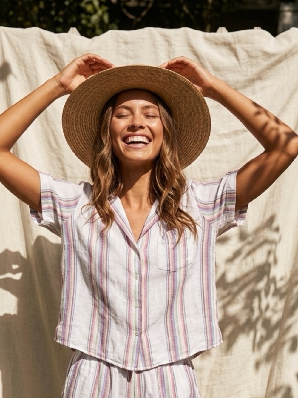 Rails Short Sleeve Button-Up Top in White with Pink and Blue Stripes
